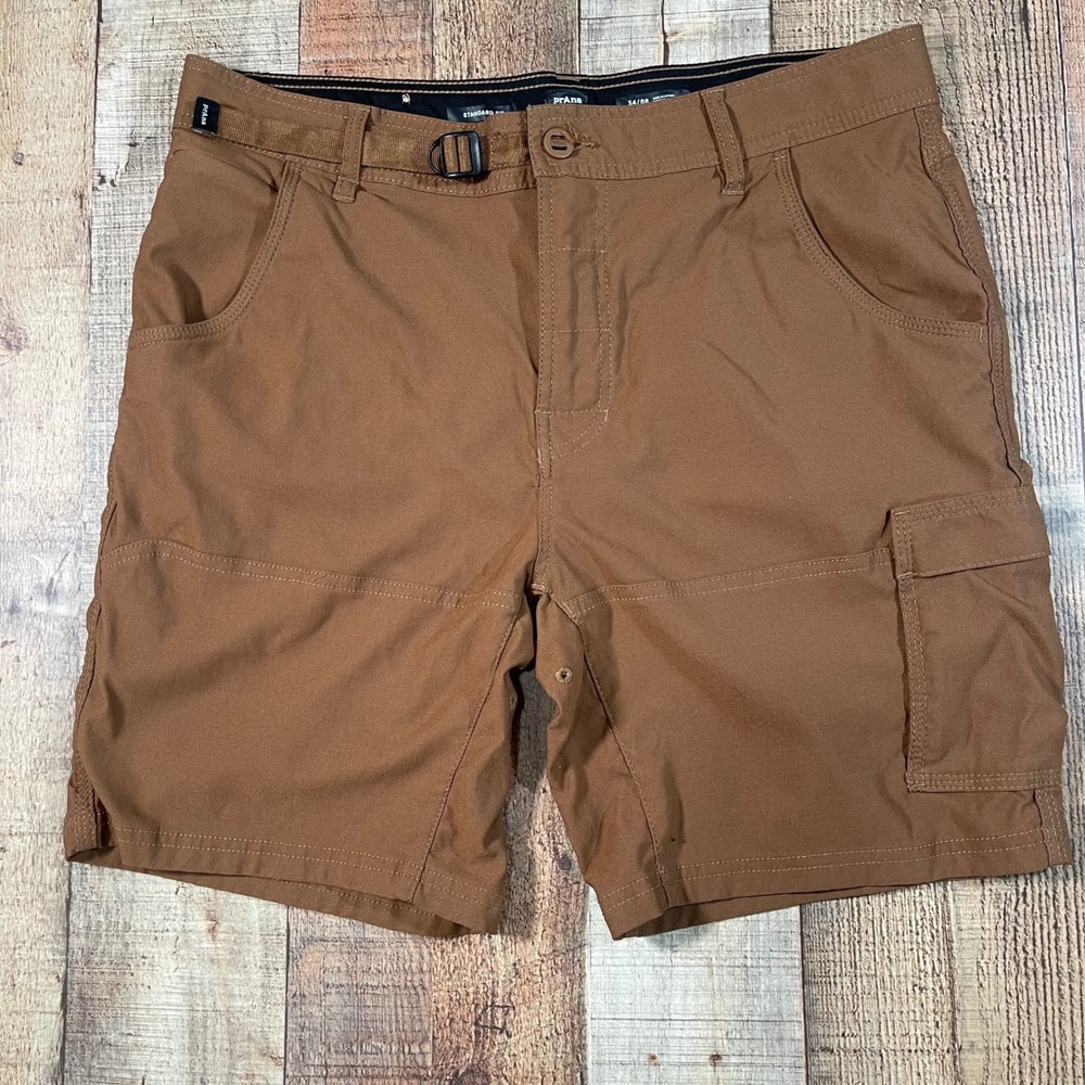 prAna Stretch Zion II Mens 34 Brown Cargo Hiking Climbing Shorts Built In Belt